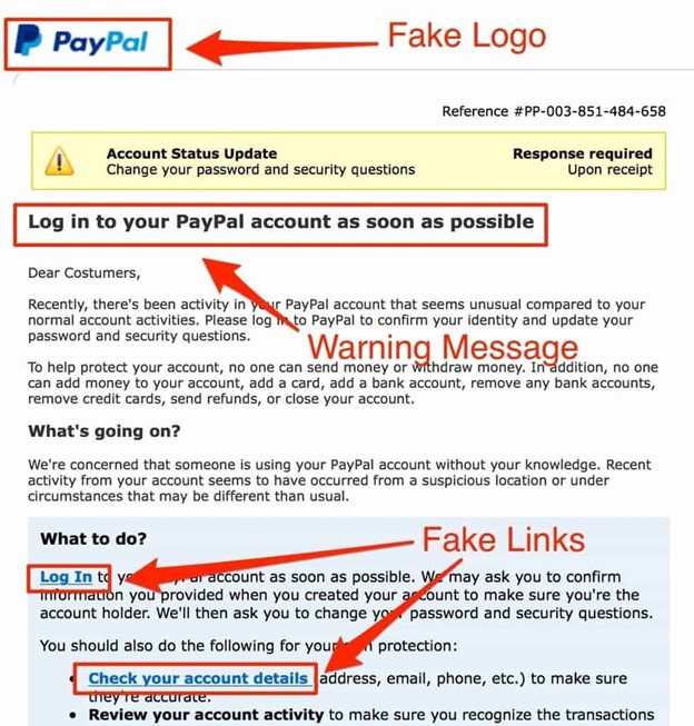 Fake PayPal email used as example for phishing scam